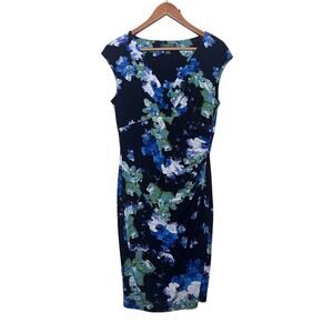 Lauren Ralph Lauren Floral Side Ruched Stretch Dress Women’s Sz 8 Blue